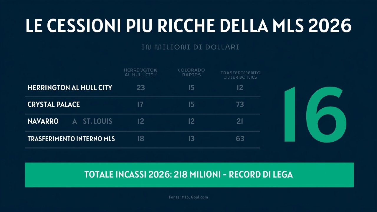 Infografica con le cessioni più ricche della MLS nel 2026: Herrington, Gozo, Navarro e Joveljic