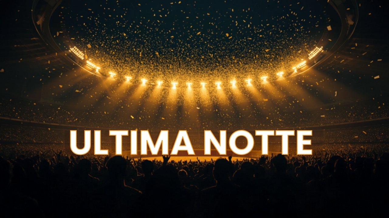Stadio gremito di notte con coriandoli celesti per l'ultima notte di Messi con l'Argentina